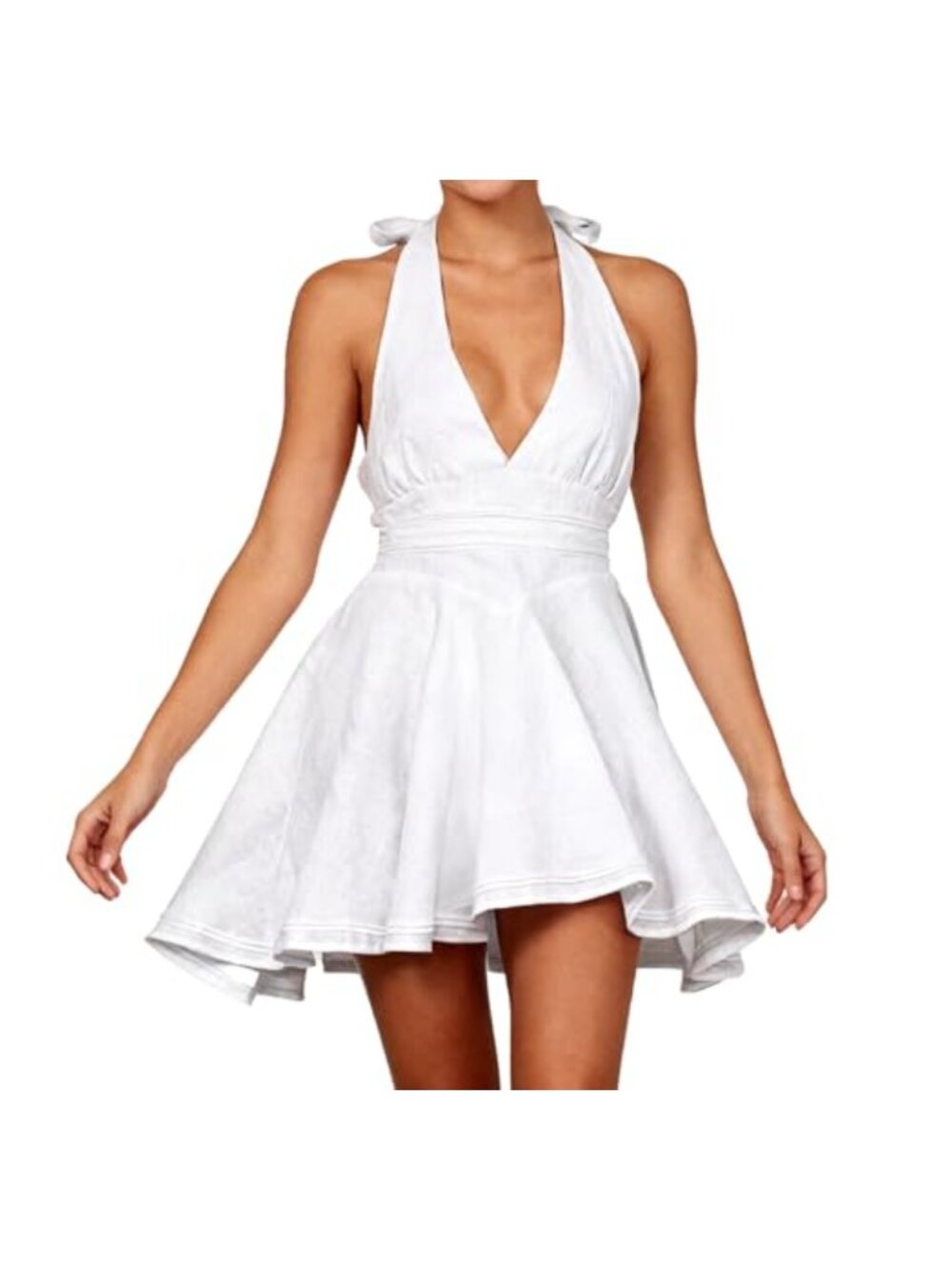 Women 100% Linen Halter Mini Sundress Smocked Backless Ruched